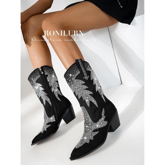 Women Polyurethane Ankle Black Pointed Toe Chunky Heel Rhinestone Tall Boot - Picture 8 of 8